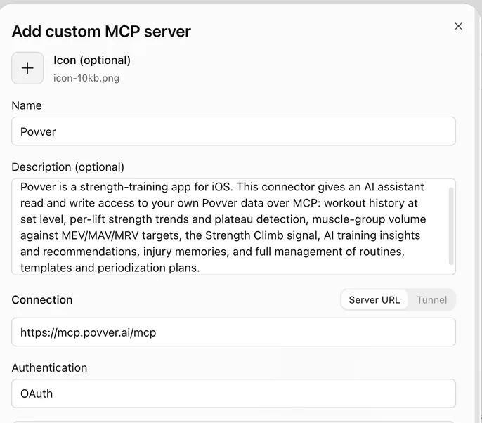 ChatGPT's Add custom MCP server dialog with the name Povver, the server URL https://mcp.povver.ai/mcp and Authentication set to OAuth