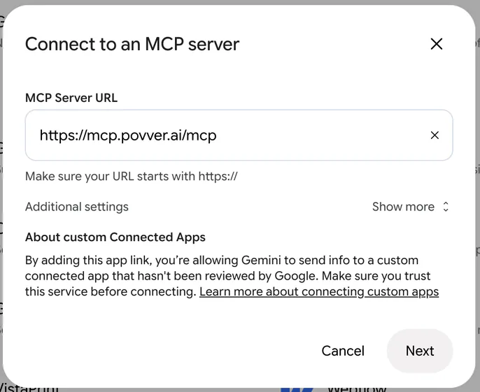 Gemini's Connect to an MCP server dialog with the MCP Server URL https://mcp.povver.ai/mcp, an Additional settings row and Cancel and Next buttons