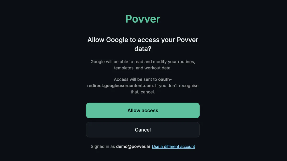Povver's sign-in page asking "Allow Google to access your Povver data?", with Allow access and Cancel buttons