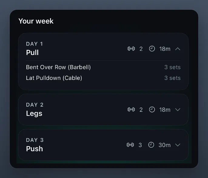Your week in the first programme after an import: Day 1 Pull open with the bent over row and lat pulldown at 3 sets each, then Day 2 Legs and Day 3 Push