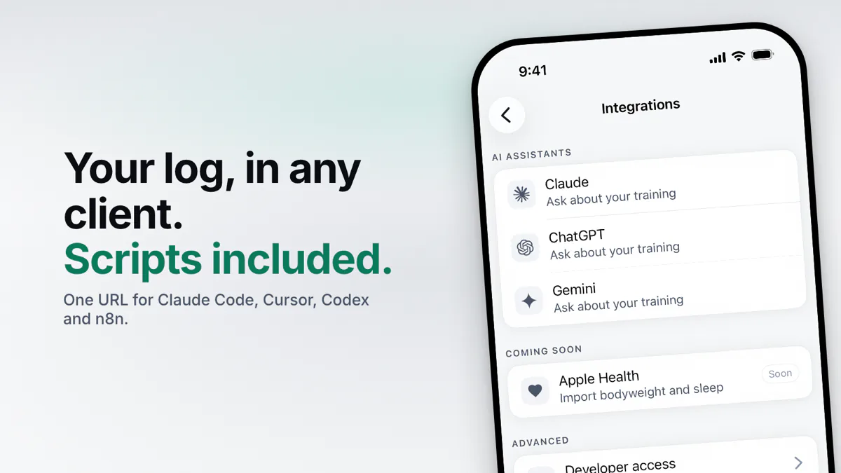 Povver's Integrations screen listing Claude, ChatGPT and Gemini, with Developer access for the MCP server URL and API keys below them