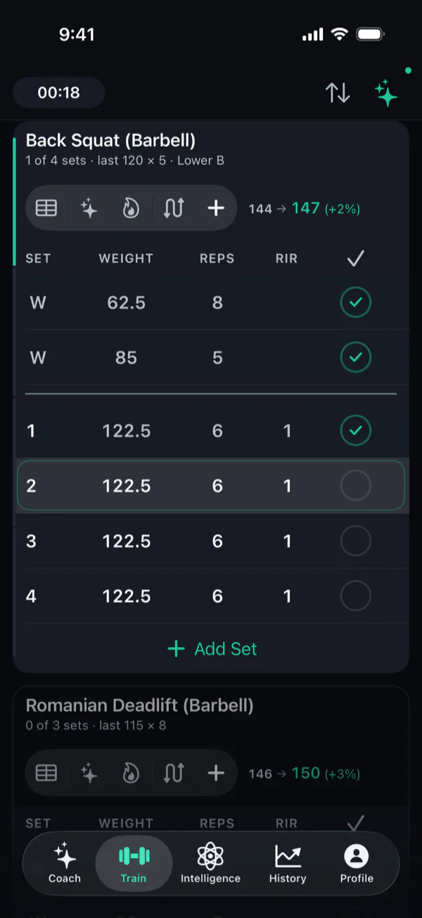 Povver's active workout: a back squat with two warm-up sets and four working sets of 122.5 kg for 6 reps at RIR 1, last session 120 kg for 5