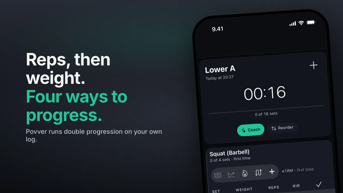 Povver workout screen for Lower A, the barbell squat card with its set grid headed set, weight, reps and RIR, in a tilted phone crop