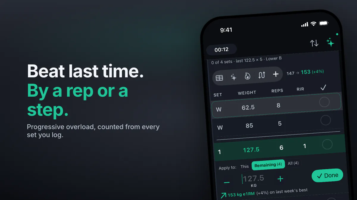 Povver's set editor on a squat: the live estimate reads 153 kg e1RM, up 4% on last week's best, above the set grid with weight, reps and RIR
