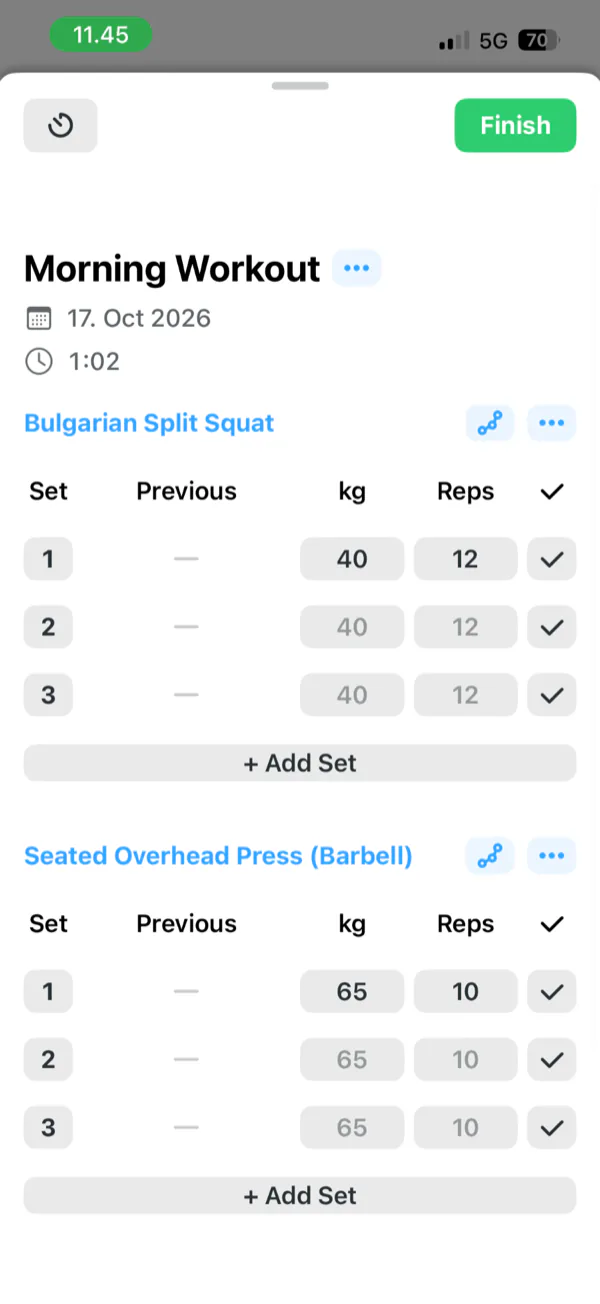 Strong's workout screen: Bulgarian Split Squat and Seated Overhead Press with three sets each, weight and reps per set, a Previous column and an Add Set button