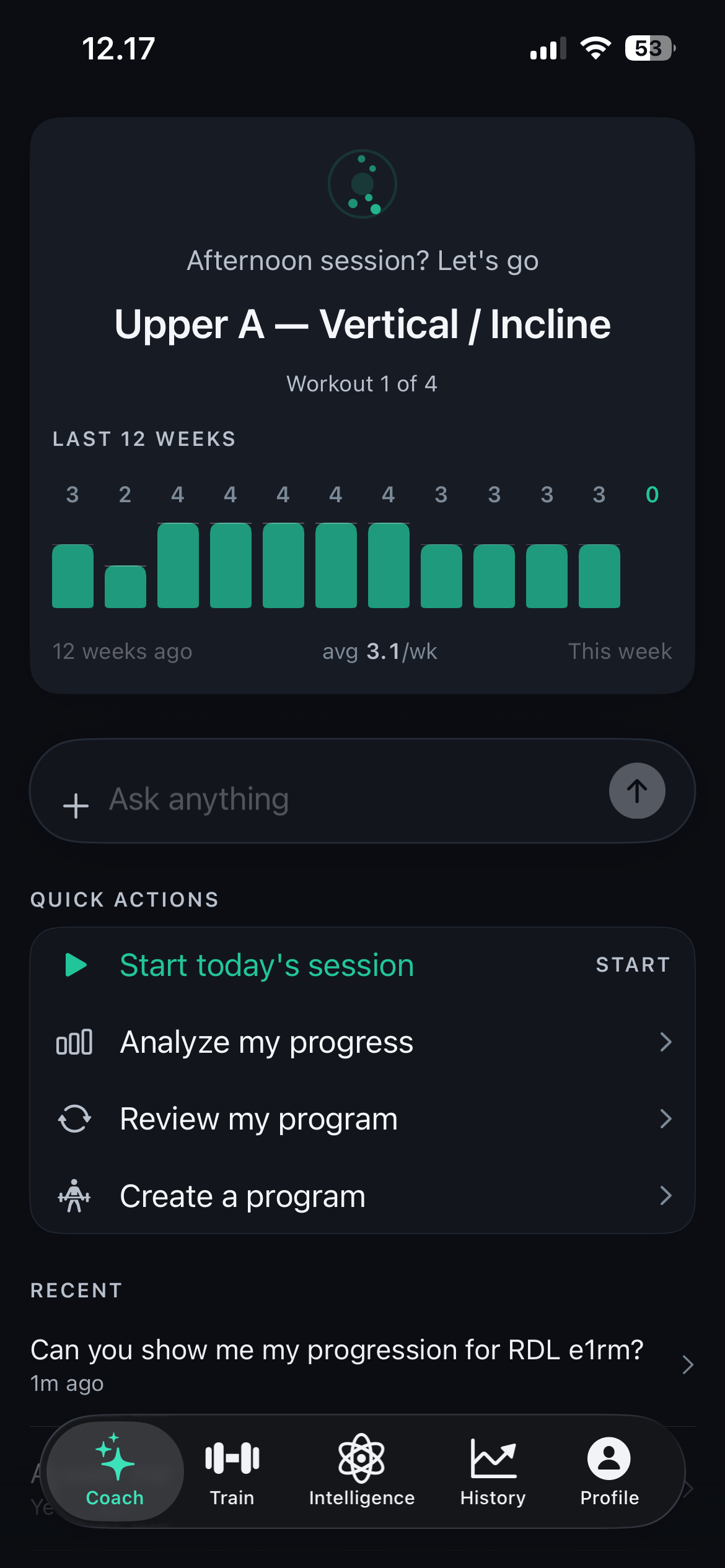 Povver AI coach showing today's session and quick actions