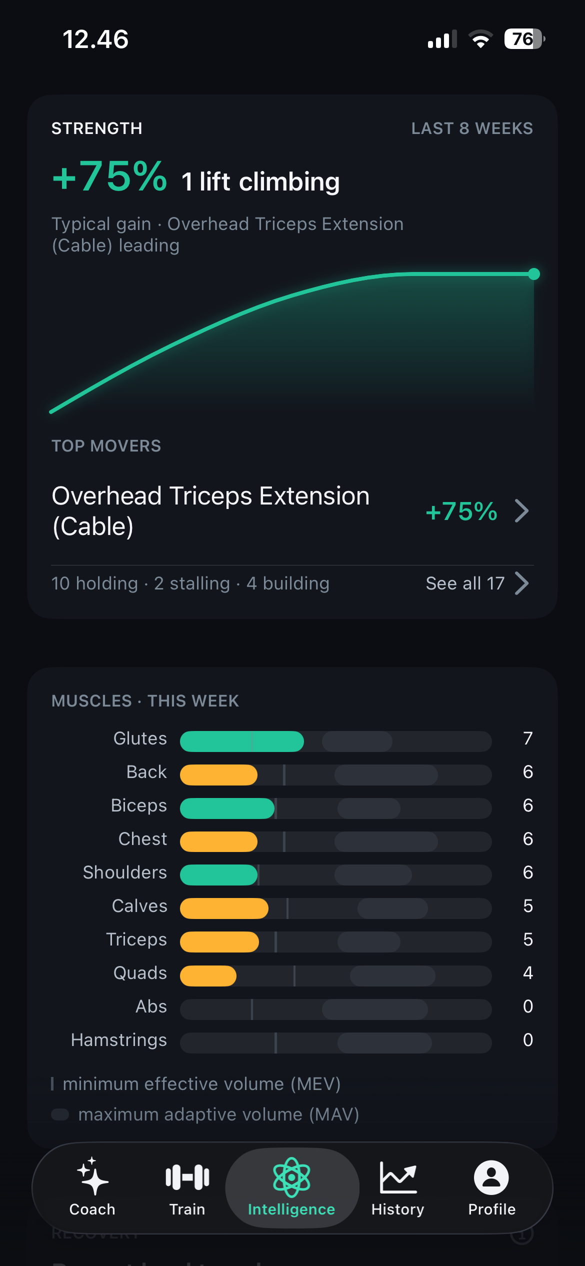 Training Score dashboard showing muscle group analysis and progressive overload metrics